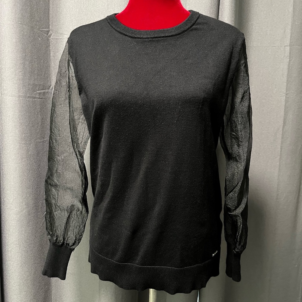 DKNY Sheer Sleeve Ribbed Sweater in Black